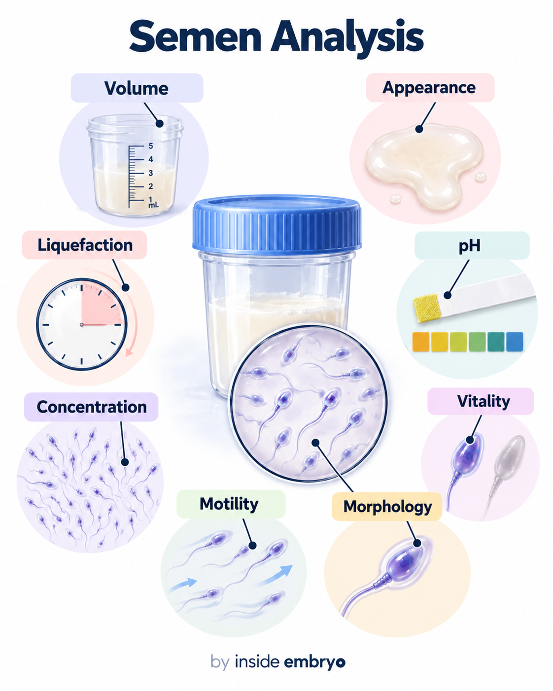 Educational infographic explaining semen analysis parameters