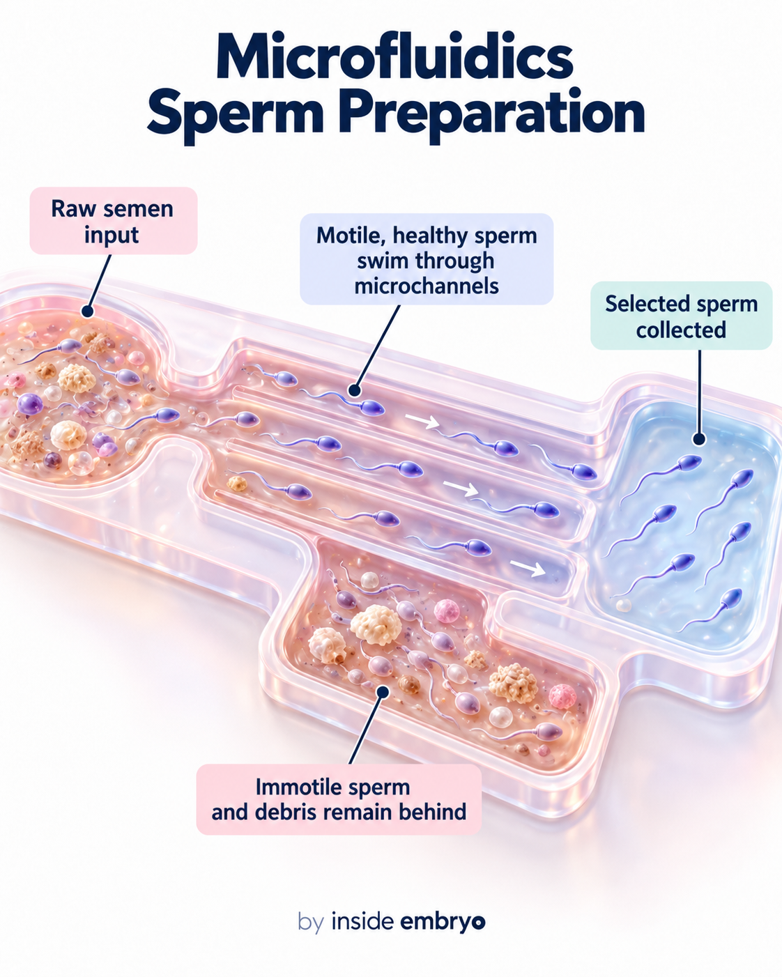 Educational infographic explaining microfluidic sperm preparation