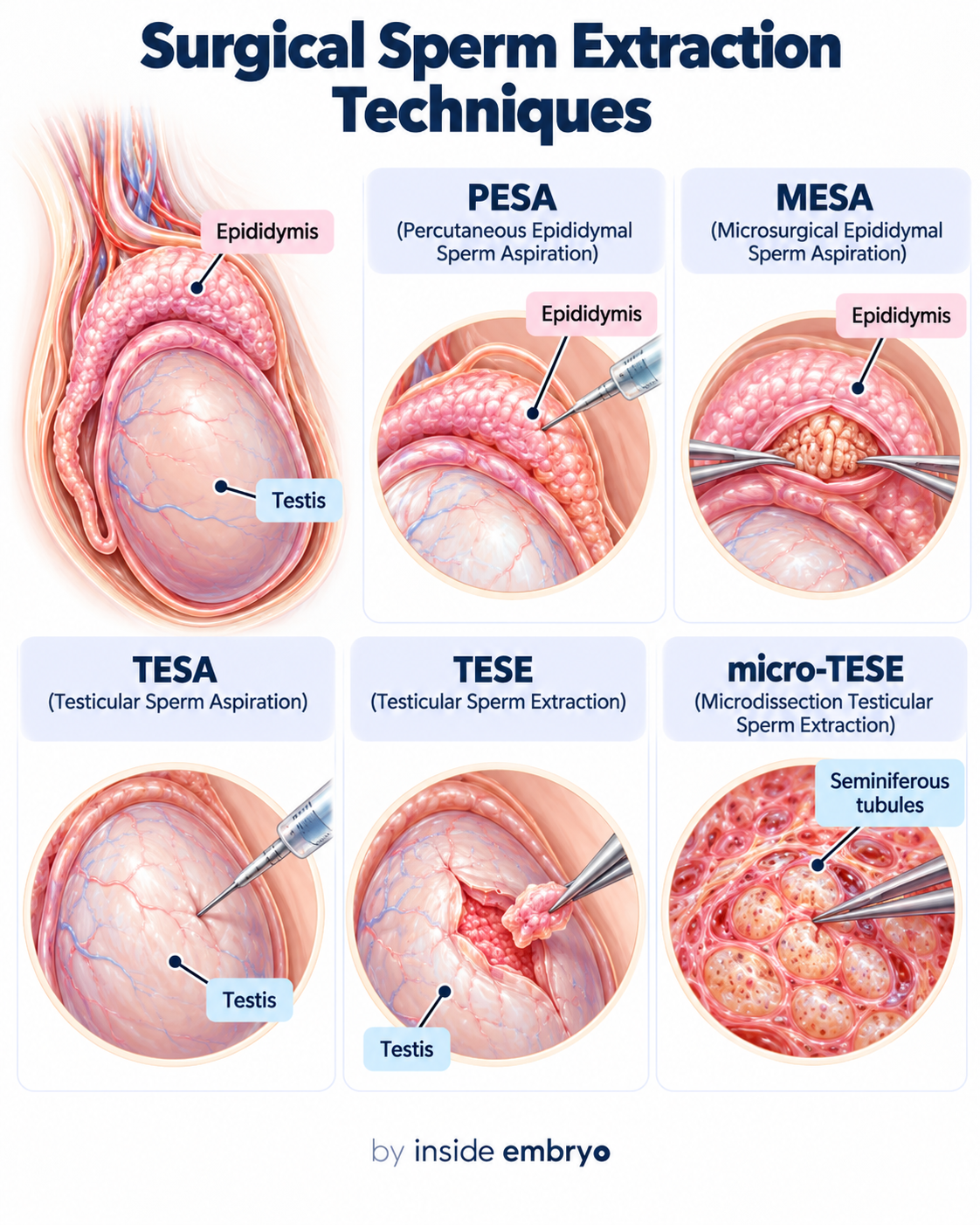 Educational infographic showing surgical sperm extraction techniques