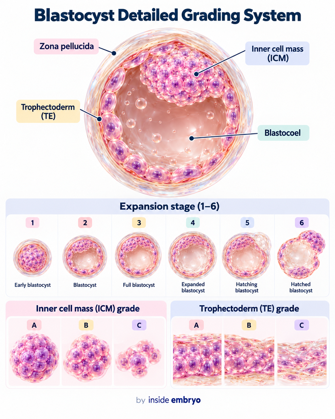 Educational diagram explaining blastocyst expansion inner cell mass and trophectoderm grading