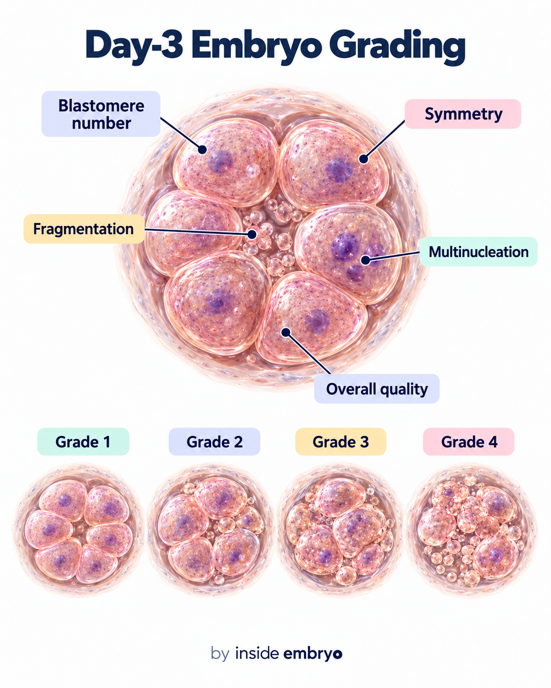 Educational diagram explaining Day 3 cleavage stage embryo assessment