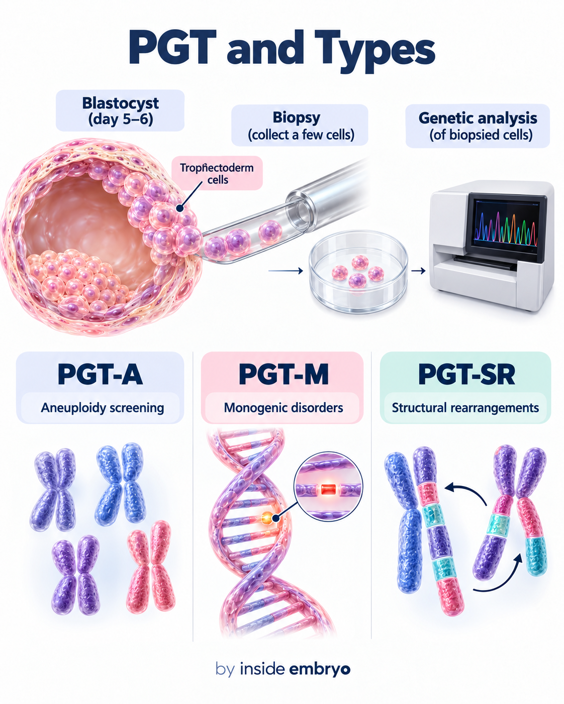 Educational diagram explaining PGT-A PGT-M and PGT-SR