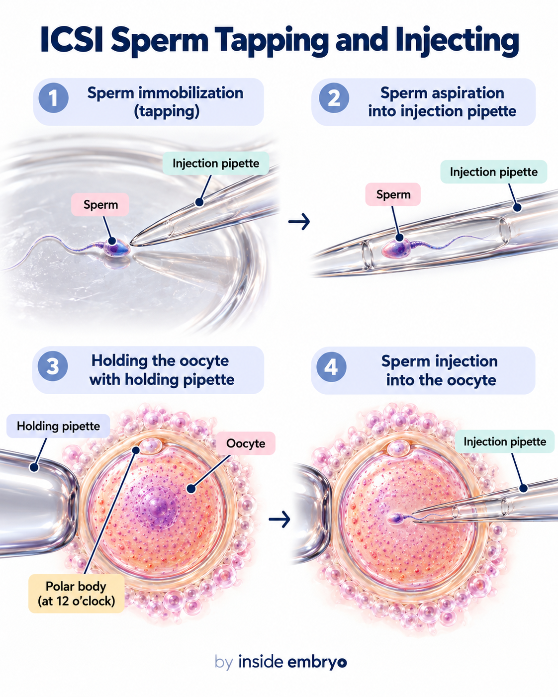 Educational diagram explaining the basic concept of sperm immobilisation and injection during ICSI