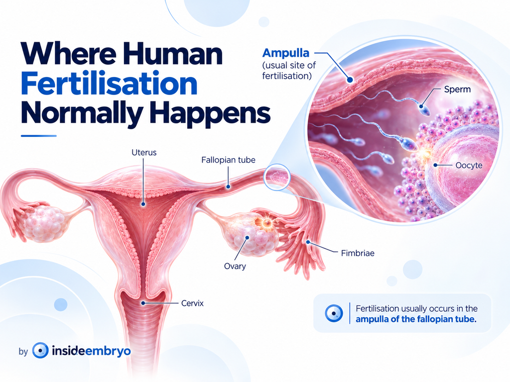 Female reproductive tract showing the ampulla of the fallopian tube as the usual site of human fertilisation.