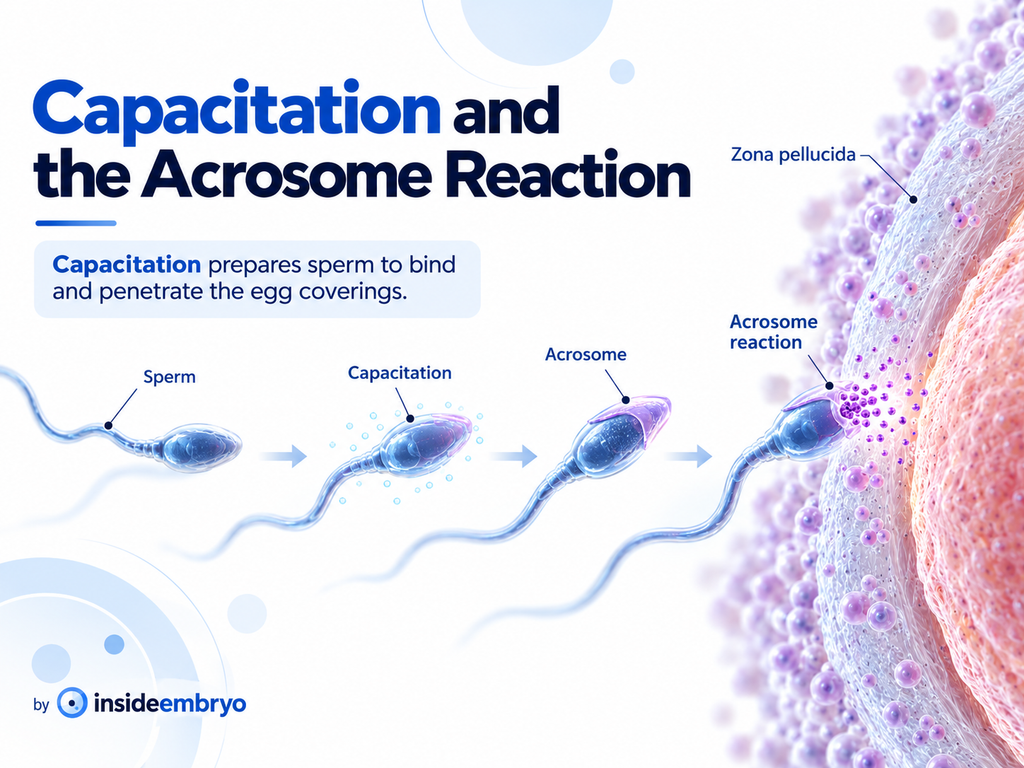 Diagram showing sperm capacitation, the acrosome and acrosomal changes involved in human fertilisation.