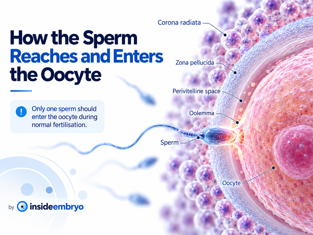 Labeled illustration showing a sperm crossing the corona radiata and zona pellucida before reaching the oolemma.