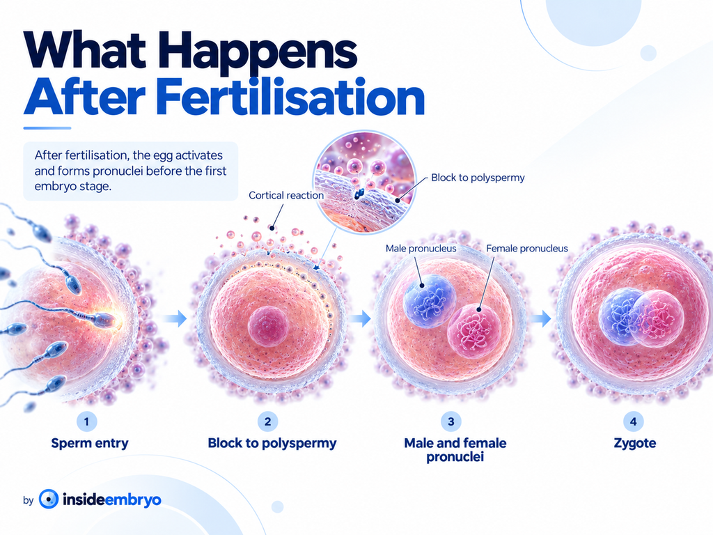 Diagram showing sperm entry, cortical reaction, block to polyspermy, male and female pronuclei and zygote formation.