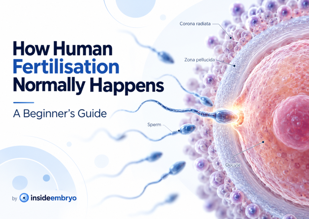 Illustration of human fertilisation showing sperm approaching an oocyte, corona radiata and zona pellucida.
